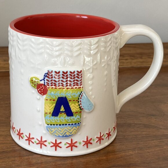 Anthropologie Bundled Up Monogram Letter "A" Mitten Mug Red Stoneware Snowflake - Picture 1 of 8